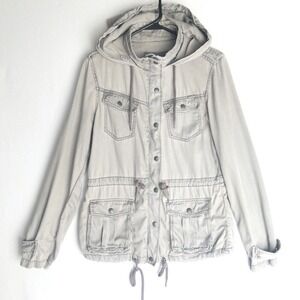 Max Jeans Utility Anorak Jacket Womens S Hooded Gray Tencel Chambray Cargo $120